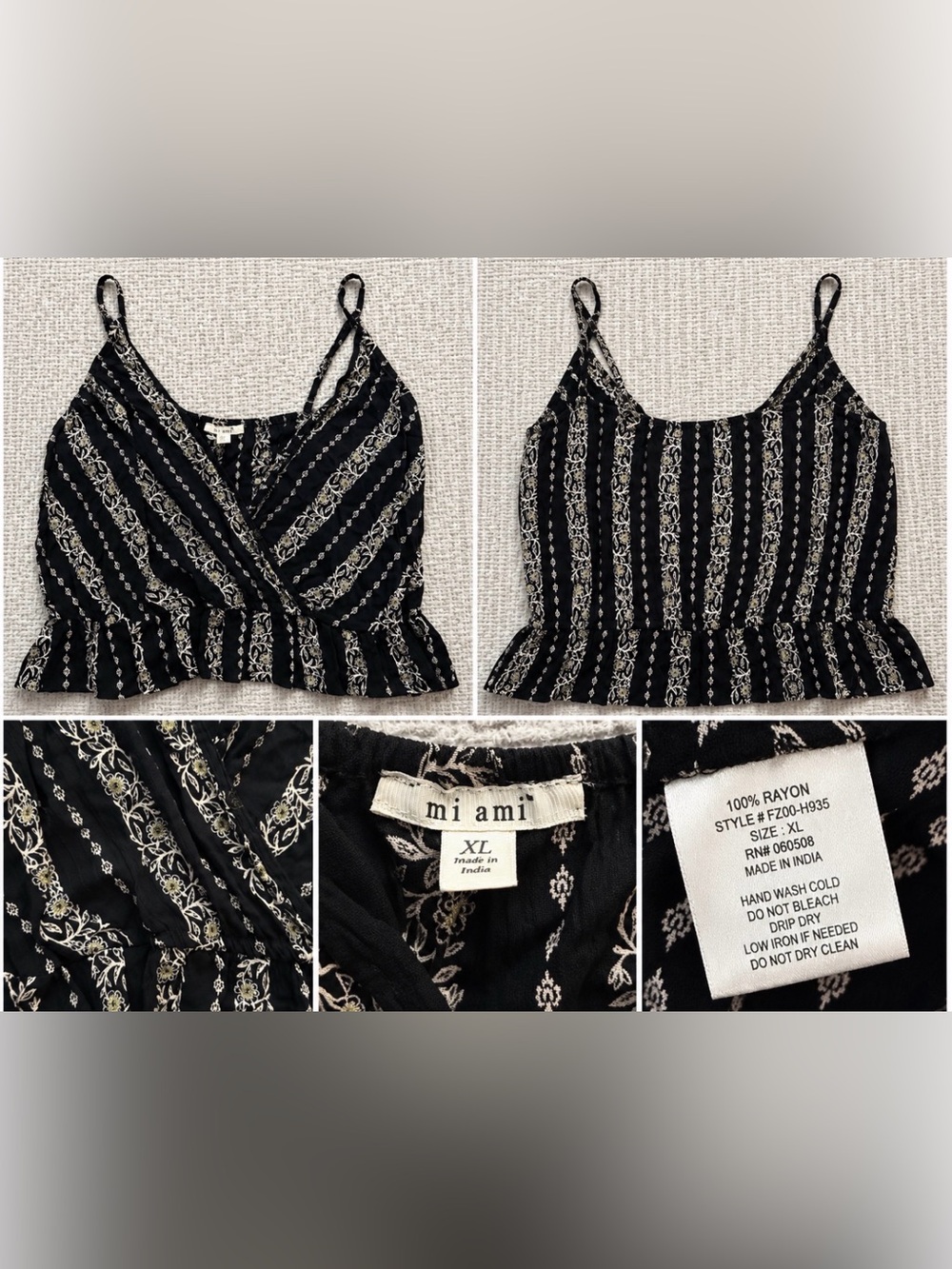 Francesca’s Mi Ami XL Black Floral Surplice Peplum Cami | Boho Sleeveless Blouse